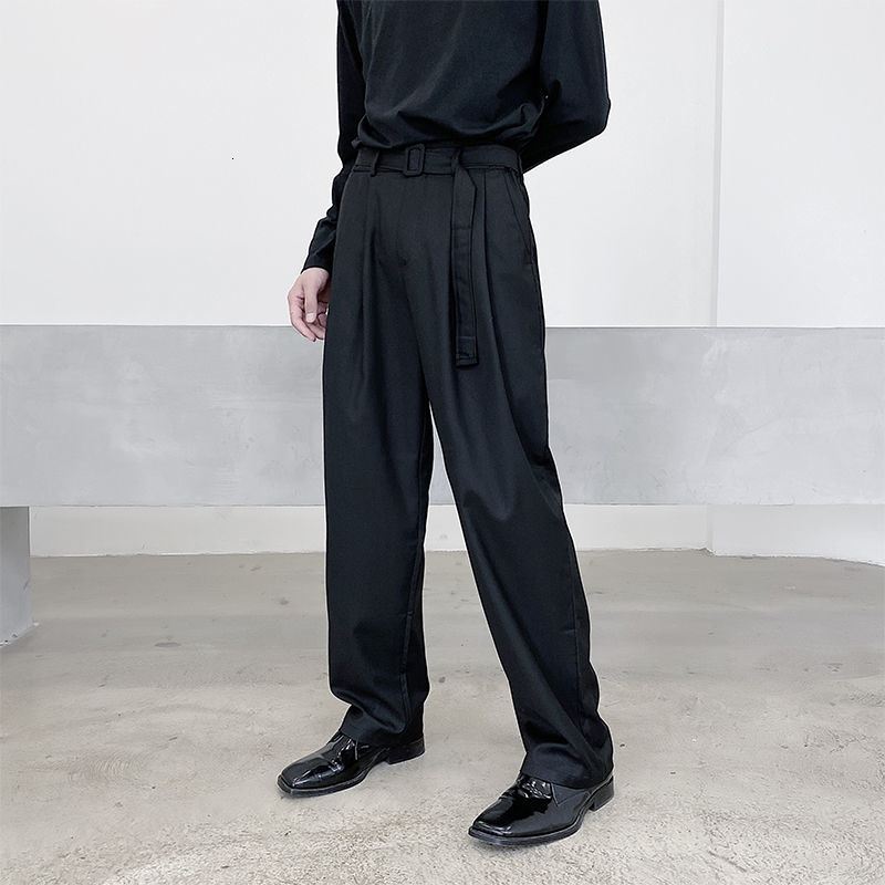 IEFB Spring Korea Streetwear High Waist Slim Black Trousers Men's Trend Wide Leg Pants With Belt 9Y6663 210524