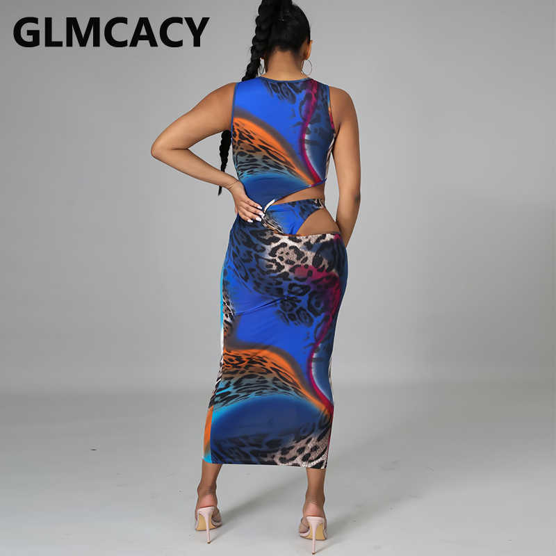 Sleeveless O Neck Cut Out Dress Sexy Leopard Slim Maxi Dresses 210702