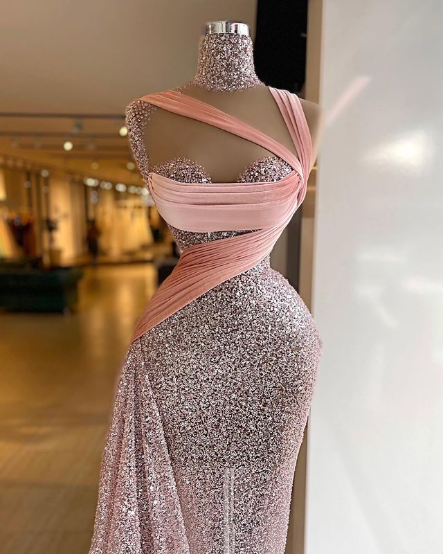 2022 Plus Size Arabic Aso Ebi Pink Stylish Sparkly Prom Dresses Beaded High Neck Sequined Evening Formal Party Second Reception Gowns Dress ZJ373