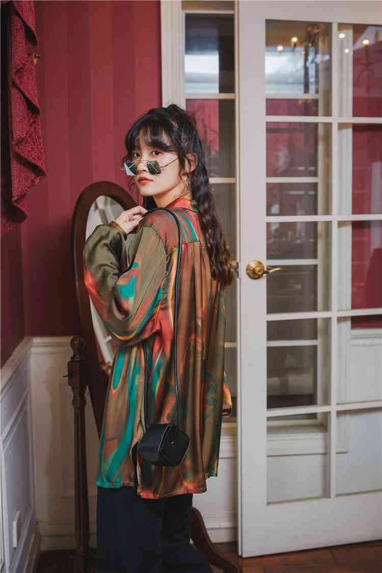 Iridescent Oversized Blouse Women Long Sleeve Button Up Collar Shirt Loose Top Streetwear Fall Fashion Clothing 210427