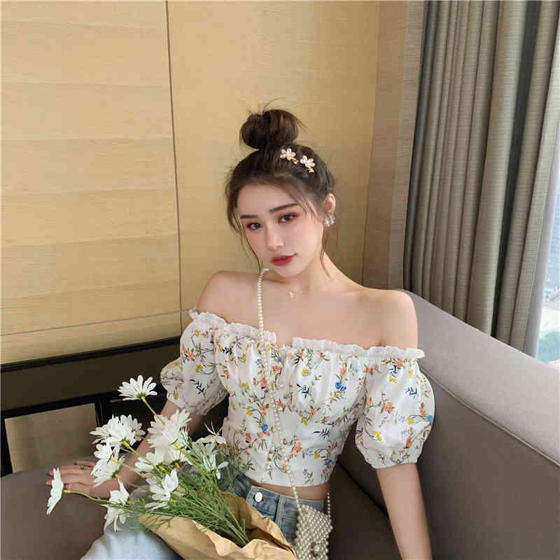 Summer Sexy Slash Neck Top Women Vintage Slim Lace Splicing Flowers Shirt Female Sweet Short Shirts 210518