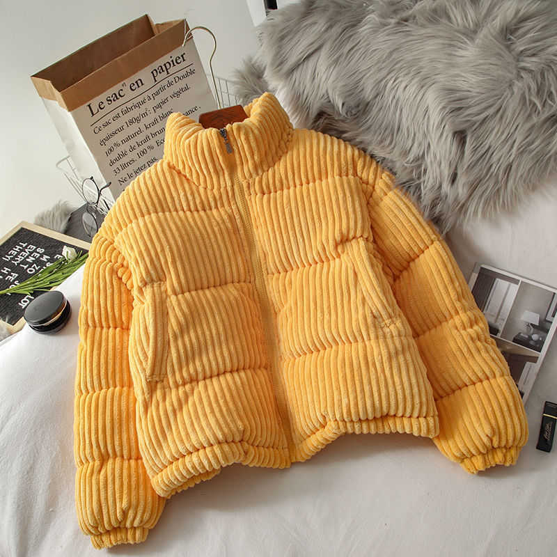 Women Corduroy Warm Loose Casual Jacket Female Short Outwear Puffer Coat Ladies Thick Lining Bomber Winter and Autum Jackets 211014