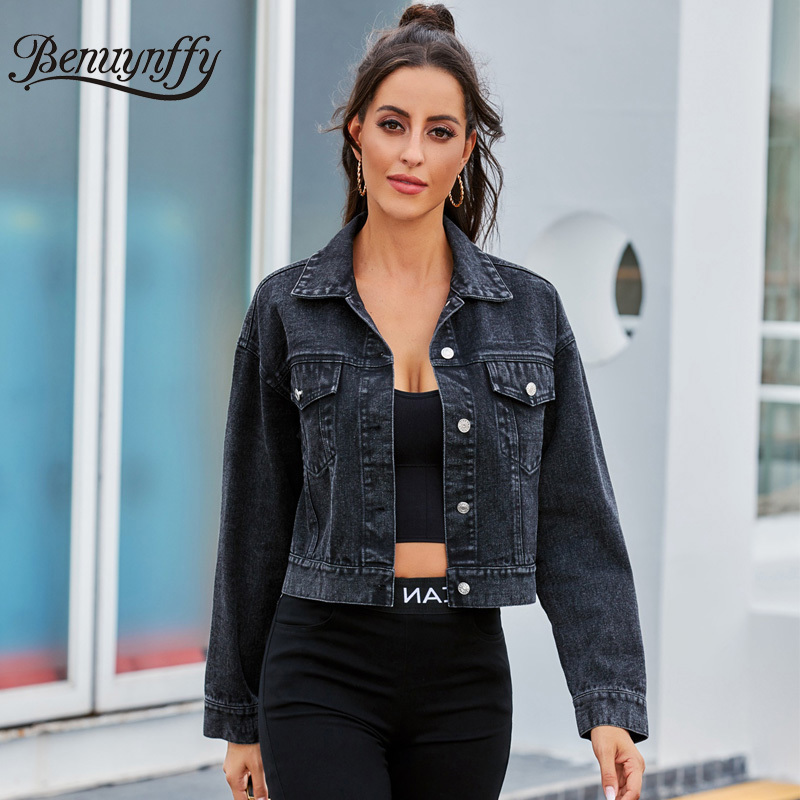 Spring and Autumn Black Denim Jacket Women Single-breasted Long Sleeve Crop Female Outerwear Jean Coats 210510