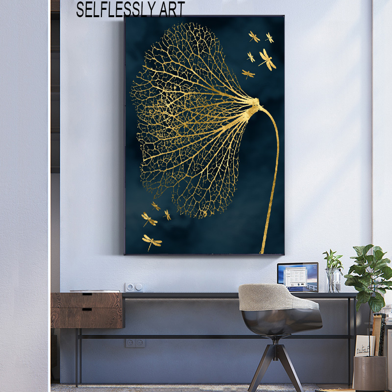 Abstract Poster Wall Painting Canvas Art Golden Leaf Picture HD Printing For Living Room Entrance Decoration Cuadros No Frame