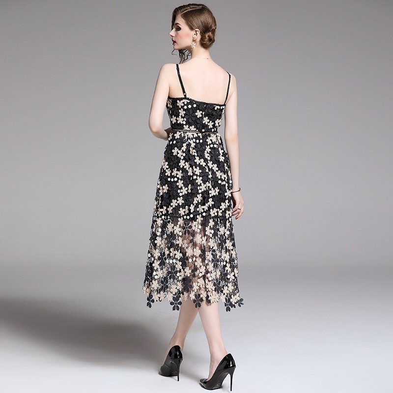 vintage flower embroidery high waist spaghetti robe longue elegant black sexy dress women summer SP lace midi dresses 210421