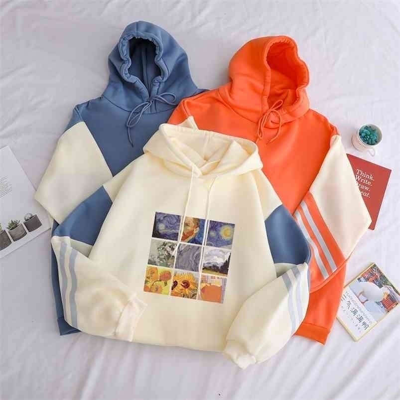 Autumn Winter Fleece Van Gogh Oil Painting Pullover Thick Loose Women Hoodies Harajuku Contrast Color Sweatshirt Female 210816