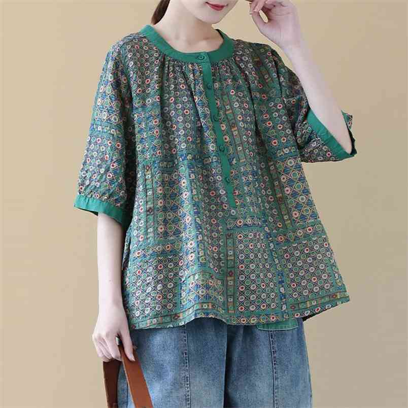 Summer Arts Style Women O-neck Vintage Print Loose Blouse Cotton Linen Half Sleeve Casual Shirts Femme Blusa S796 210512