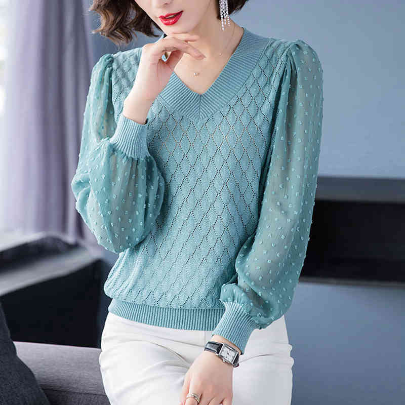 V-Neck Hollow Out Chiffon Long Sleeve Patchwork Knit Pullovers Women Elegant Large Size Loose Argyle Knitwear Tops Female 210522