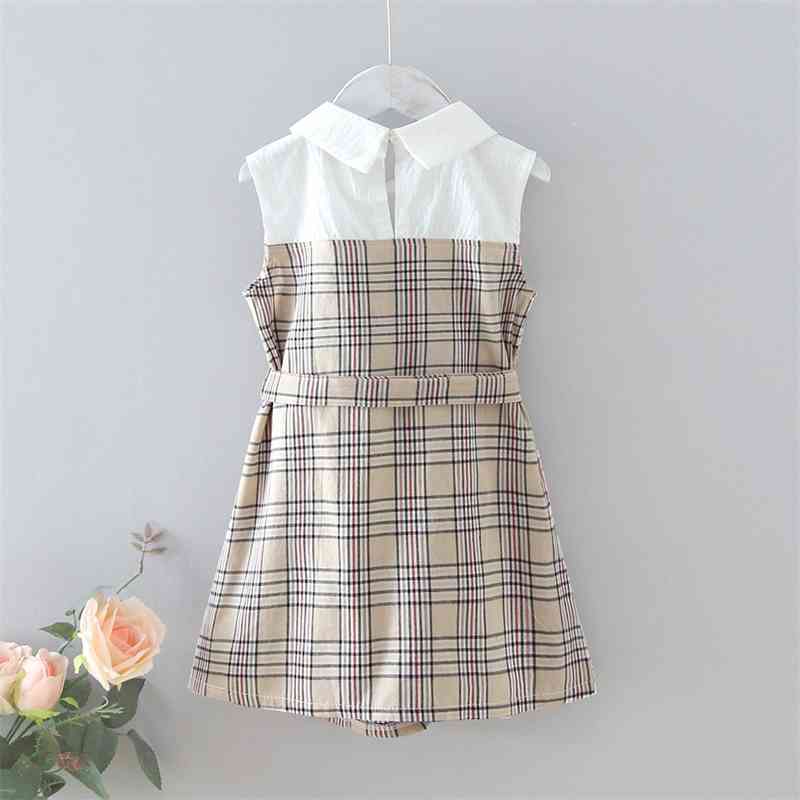 Children's Dress Summer Sleeveless Lapel Casual Clothes Fashion Stitching Plaid With Belt Girl 210515