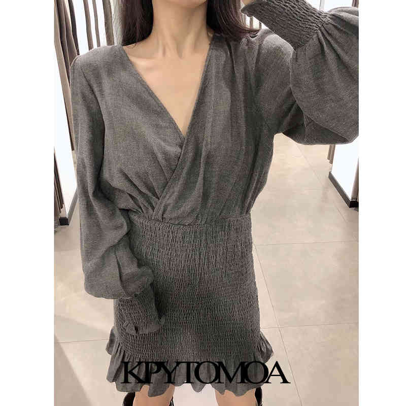 Women Chic Fashion Elastic Smocked Hem Ruffled Mini Dress V Neck Long Sleeve Female Dresses Vestidos Mujer 210420