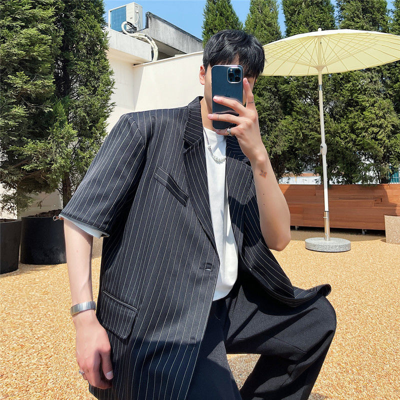 IEFB Zipper Detachable Long Sleeve Striped Men's Suit Coat Fashion Personality Black Loose Causal Blazer Male 9Y7071 210524