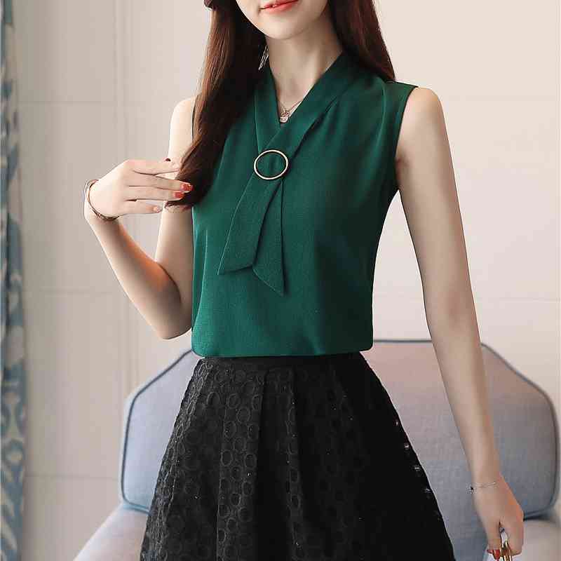 Summer Solid Casual Fashion Women Blouses Sleeveless Elegant Chiffon Top Vest Korean Soft Female Clothing Blusa 0234 40 210506