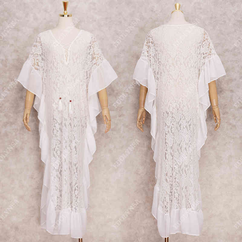 Arrival Bikini Cover-ups White Lace Tunic Sexy V-neck Plus Size Women Summer Dress Beach Wear Swim Suit Cover Up Q1254 210420