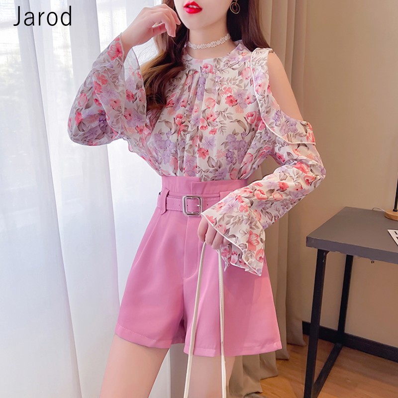 2 Piece Set Women Korean Chic Flower Print Off Shoulder Flare Sleeve Chiffon Shirts+High Waist Shorts Fashion Suits 210519