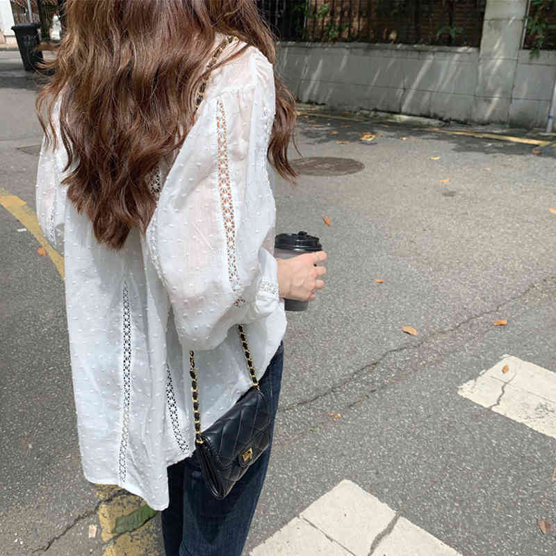 Spring Autumn Long Sleeve Fashion White Shirt Women Hollow Out Tops Loose Ladies Casual s Korean Clothes 13127 210506