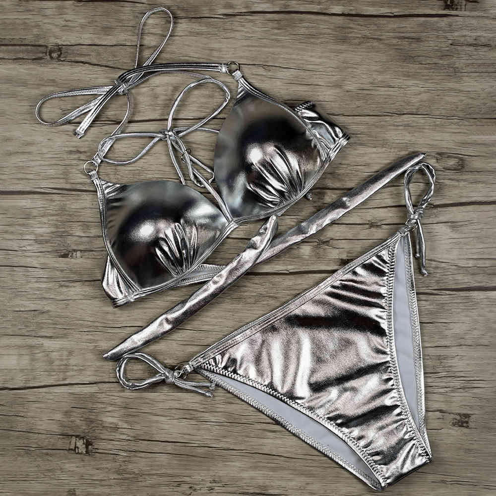 Silver Metallic Swimsuit Push Up Bikini Sequin Waterproof Micro Set Swimwear Sexy Bathing Suit String s 210520
