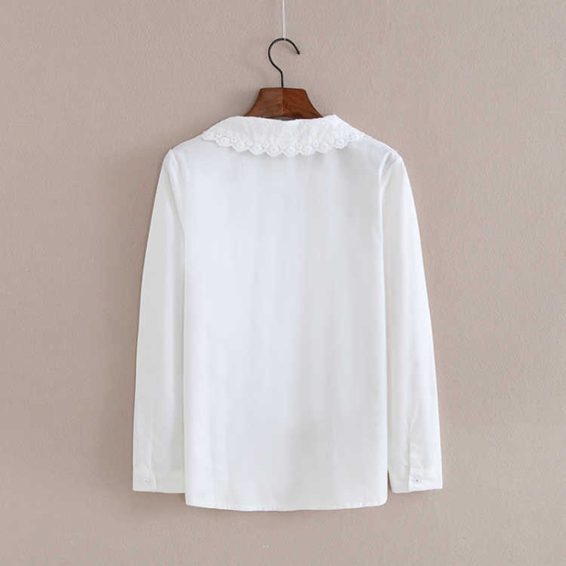 Spring Korea Fashion Women Long Sleeve Embroidery Peter Pan Collar Casual Shirts 100% cotton Mori Girl White Blouse S578 210512