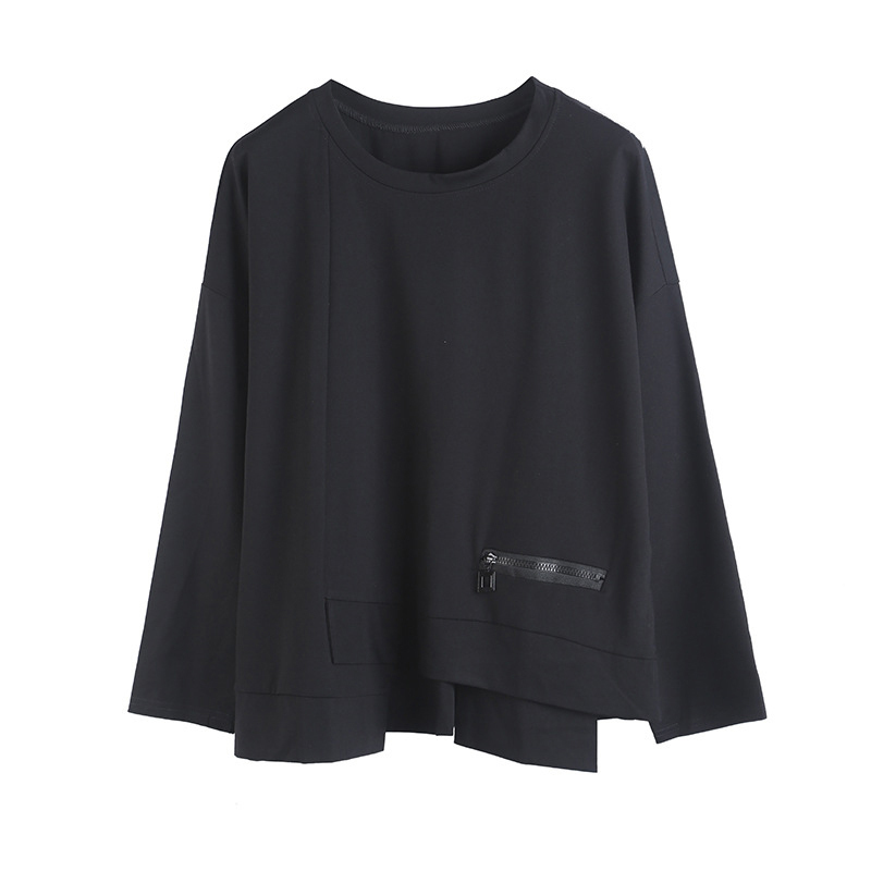 [EAM] Women Red Irregular Split Joint Big Size T-shirt New Round Neck Long Sleeve Fashion Tide Spring Autumn 1DA605 210406