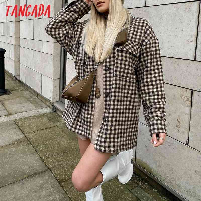 Women Plaid Jacket Turn Down Collar Ladies Long Sleeve Loose Oversize Boy Friend Coat QJ130 210416