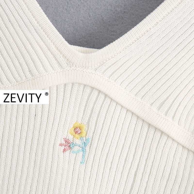 Zevity Women fashion floral embroidery camis tank tops summer wear female v neck knitted casual slim sling vest crop tops LS6984 210625