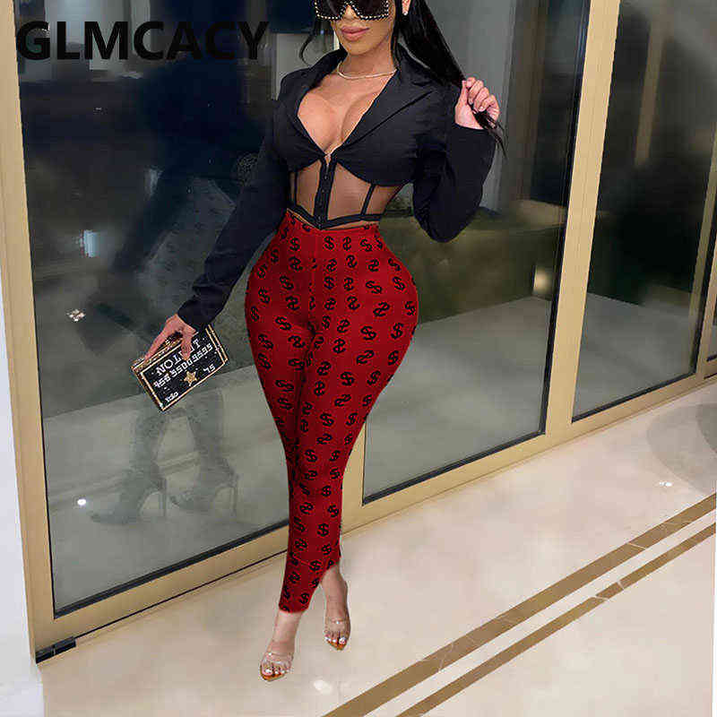 Women USD Symbol Printed Pants Casual Skinny Fitness Trousers 211115