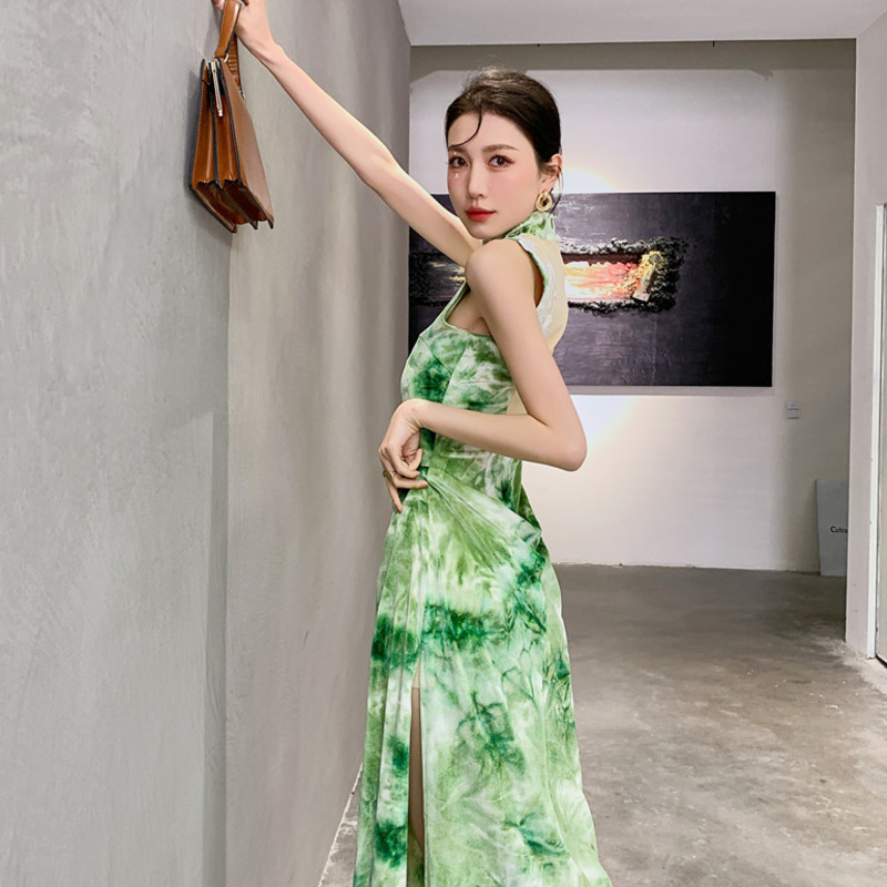 Women Velvet Cheongsam Slim Sleeveless Turtleneck Green Color Retro Fit Lady Fashion Summer 2H106 210526