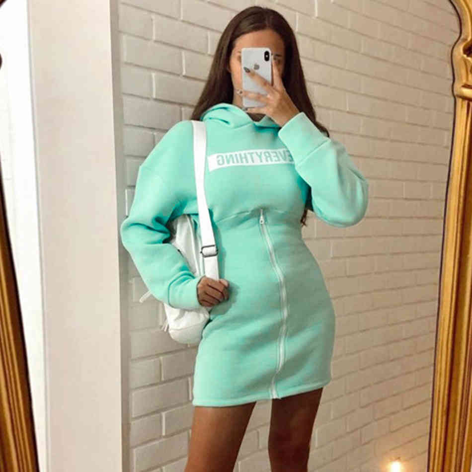 Free Spring Women Hooded Sweater Dress Fashion Long Sleeve Letter Zipper Casual Intage Sports Vestidos 210524