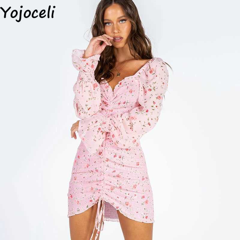 Yojoceli Elegant shirred short bodycon dres Autumn pleated ruffle beach Sexy casual party leopard vestidos 210609