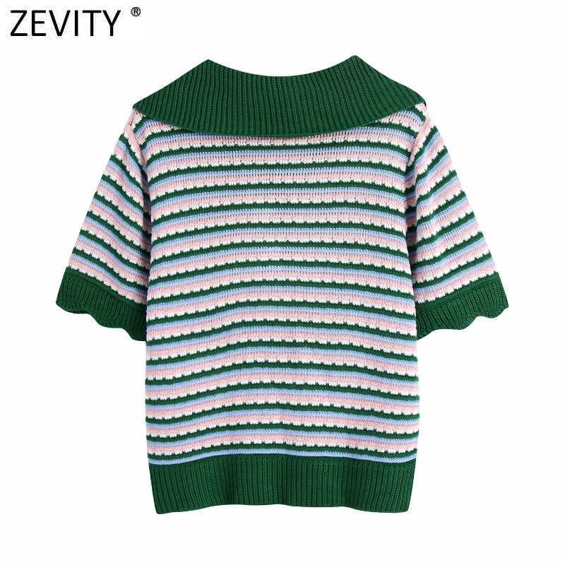 Zevity Women Vintage Color Matching Striped Crochet Knitting Sweater Ladies Short Sleeve Diamond Button Pullovers Tops SW829 210603