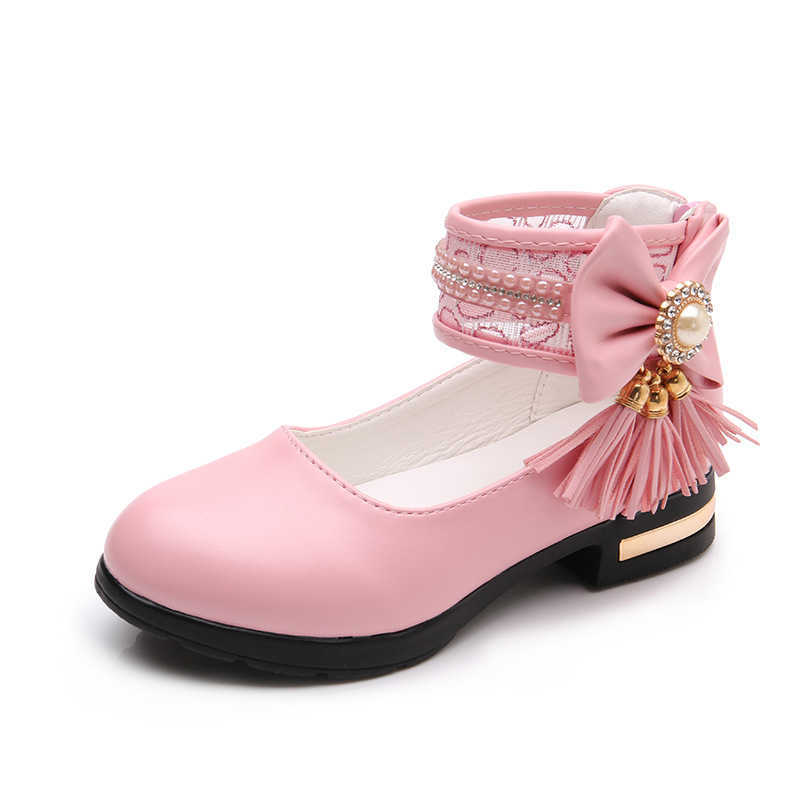 Fashion Tassel Bow Childrens Leather Shoes Girls Flower For Princess Wedding Big Kid Dance Shoes 3 4 5 6 7 8 9 10 11 12 Year Old X0703
