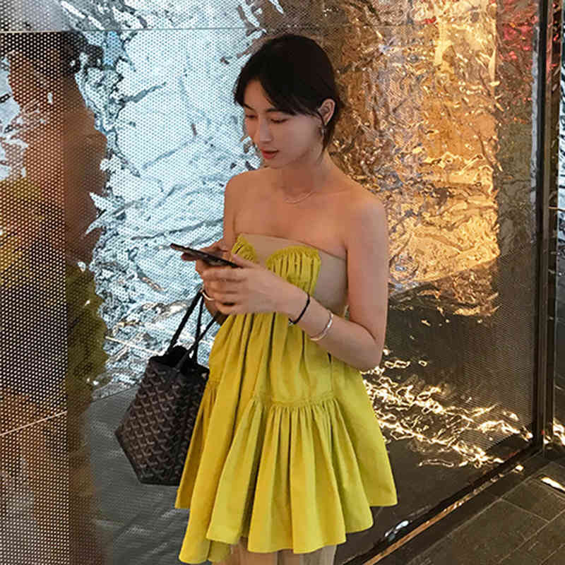 VGH Elegant Ruched Vest For Women Strapless Sleeveless Patchwork Sexy Tank Tops Female Summer Fashionable New Clothing 210421