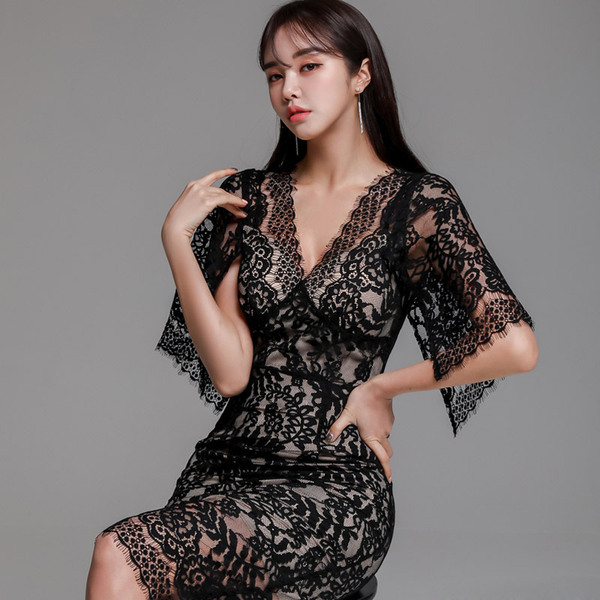 Summer Sexy V-Neck Lace Dress Women bodycon Sheath Pencil Dresses short Sleeve office work Vestidos 210519
