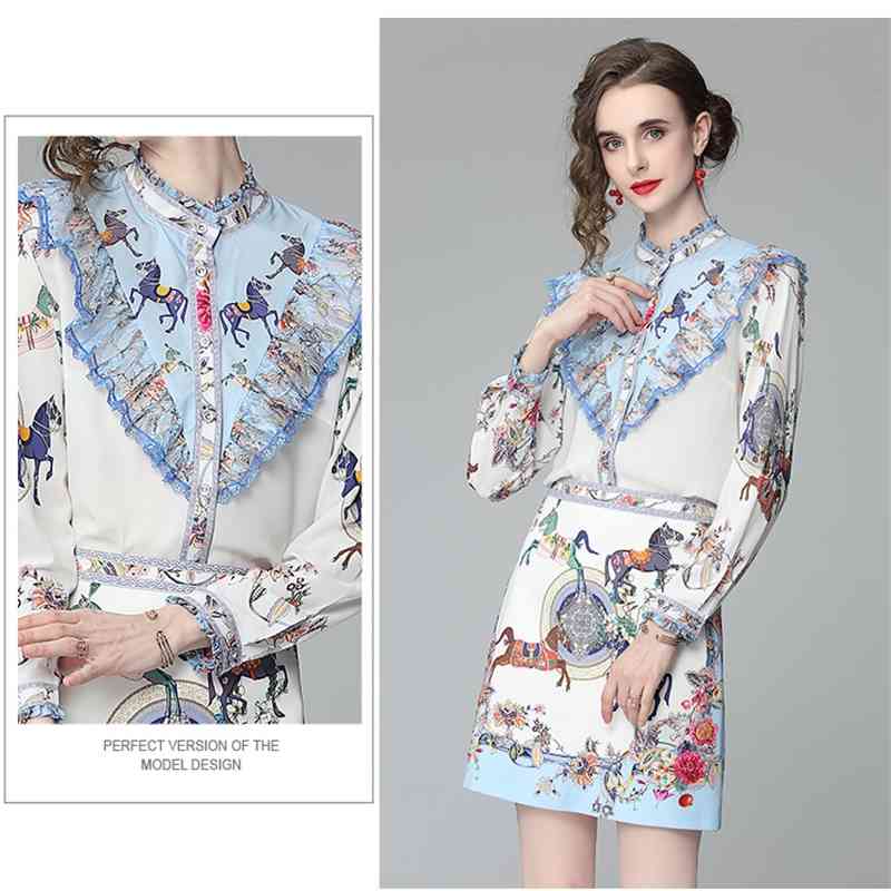 Runway Summer Elegant Two Piece Set Women Sweet Ruffles Stand Collar Animal Print Shirt Top + High Waist OL Bodycon Skirts Suit 210519