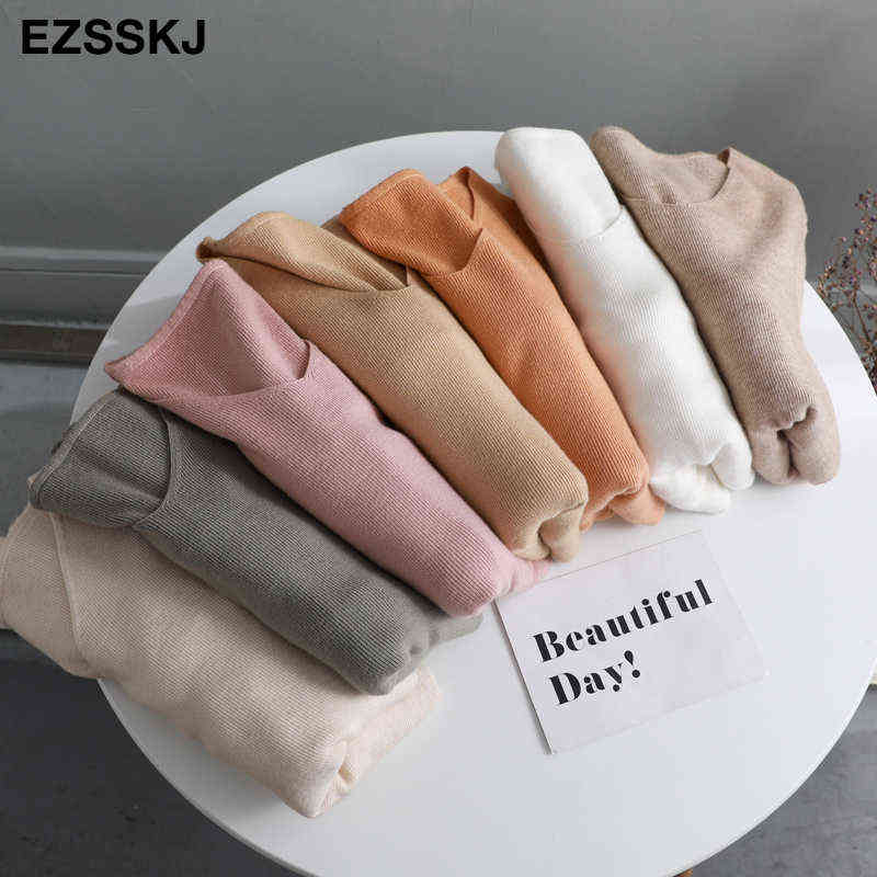 chic casual Autumn Winter Basic Sweater pullovers Women v-neck Solid Knit Slim Pullover female Long Sleeve warm Khaki Sweater 211109