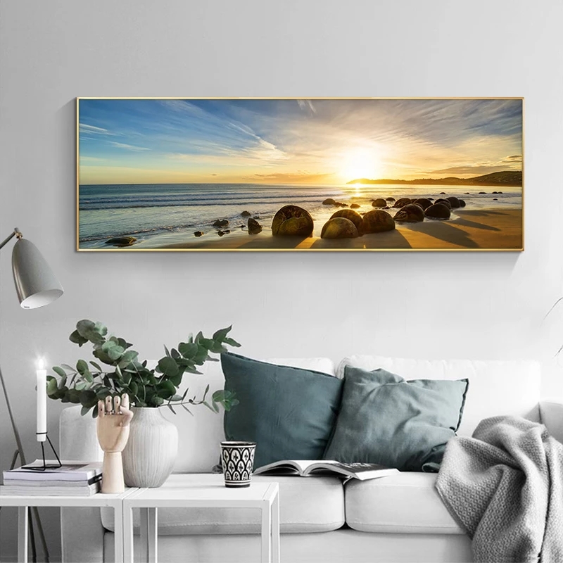 Natural Blue Sky Stone Beach Sunset Landscape Posters and Prints Canvas Painting Scandinavian Wall Art Picture for Living Room