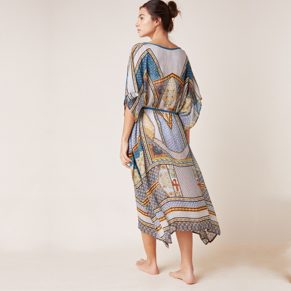 Print Chiffon Beach Cover up Tunics for Long Kaftan Bikini Robe de Plage Sarong Swimsuit cover #Q874 210420
