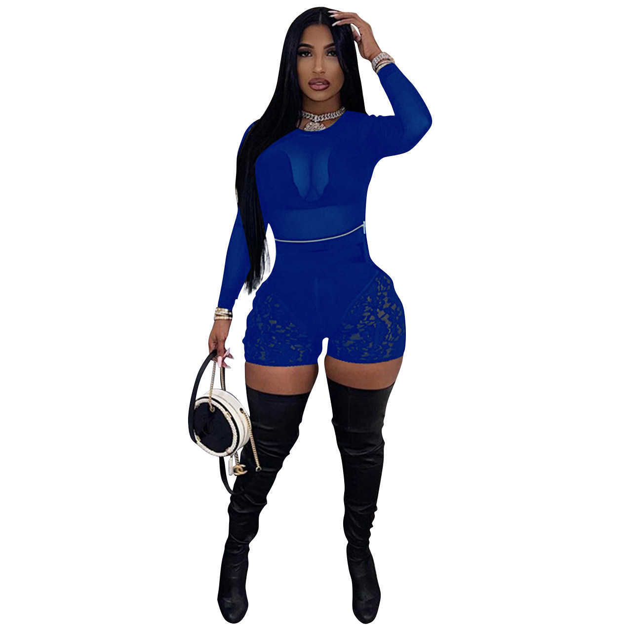 Women Set Solid Mesh Long Sleevele Tops Lace Shorts Two 2 Piece Sets Sexy Night Clubwear Summer Outfits X0709