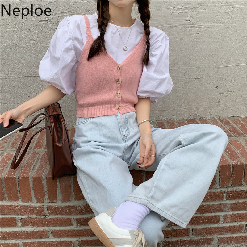 Neploe Sweet Casual Outfit Female O Neck Puff Sleeve White Shirt with Knit Pink Sling Crop Tops Two Piece Set Fashion Suit Women 210422