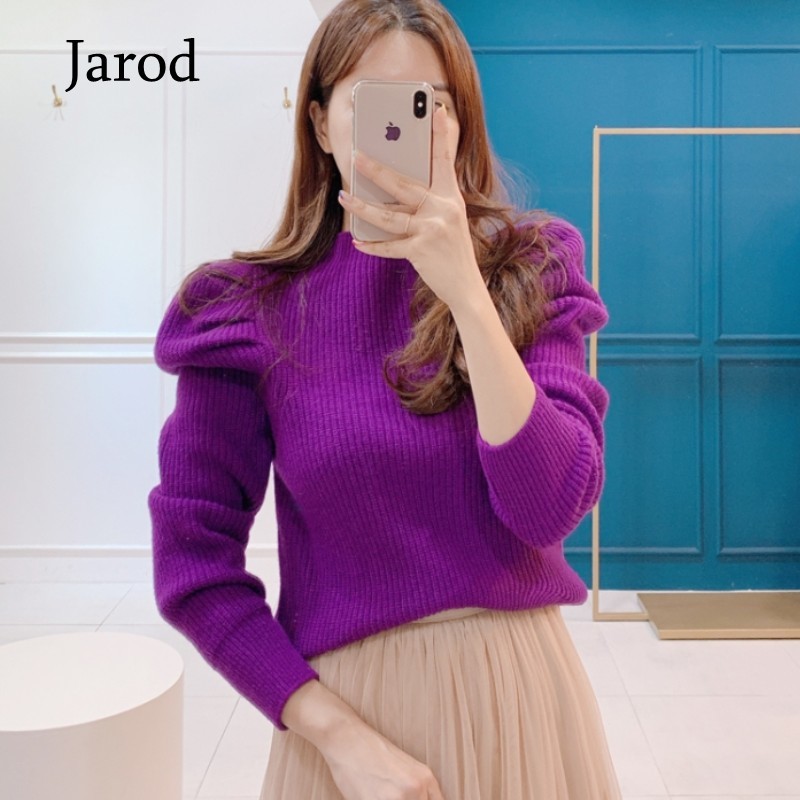 Long Puff Sleeve Sweet Sweater Women Autumn Winter Arrivals Candy Color Turtleneck Knitted Sweaters And Pullovers 210519