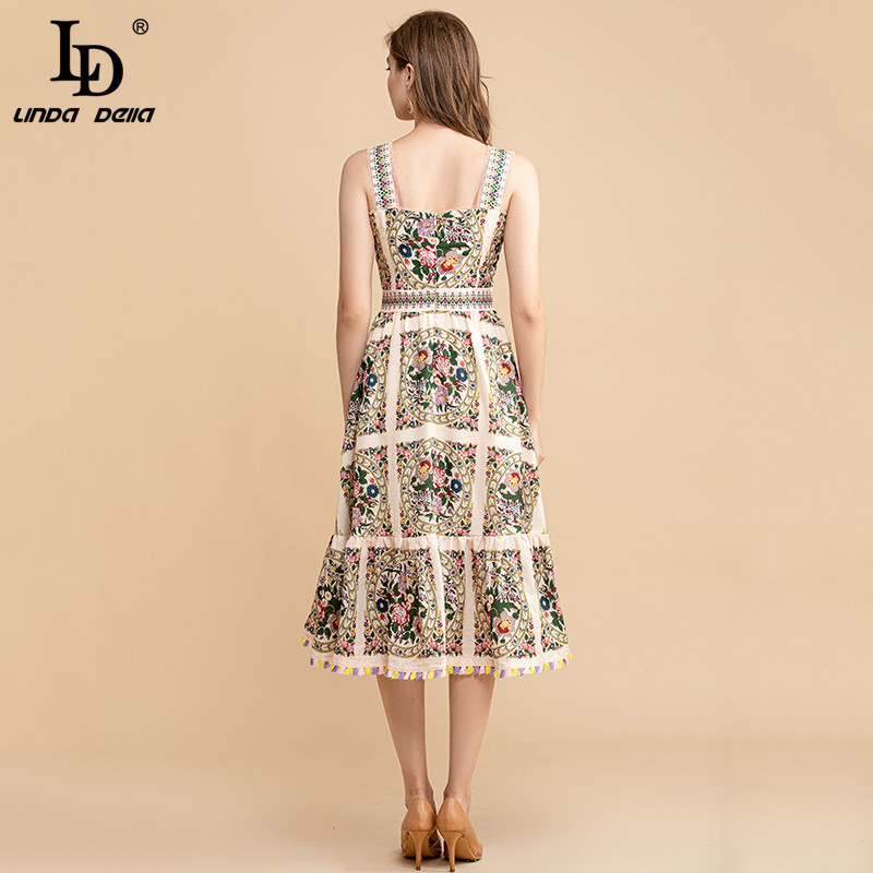 Summer Fashion Runway Vintage Dress WomenSpaghetti Strap Beautiful Floral Print Beading Midi Party Elegant 210522