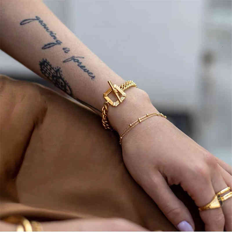 Charm Bracelets 56 with Exaggerated and Fashionable Thick Chain All Metal Interlocking Square Ins Cool Style Bracelet