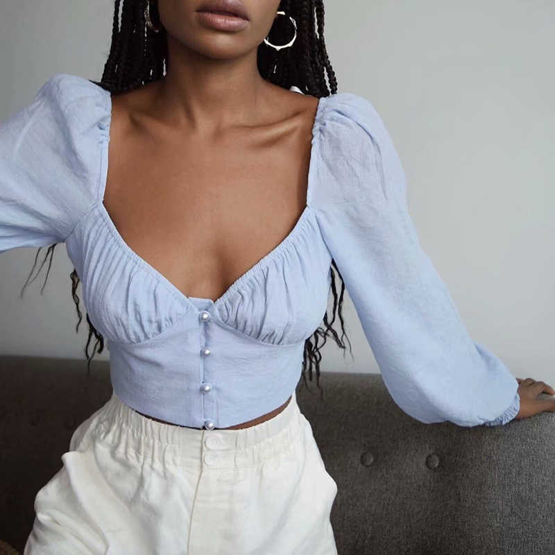 Vintage Women Sexy V Neck Blue Shirts Summer Fashion Ladies Bomb Slim Tops Casual Fmale Chic Shirt Elegant 210527