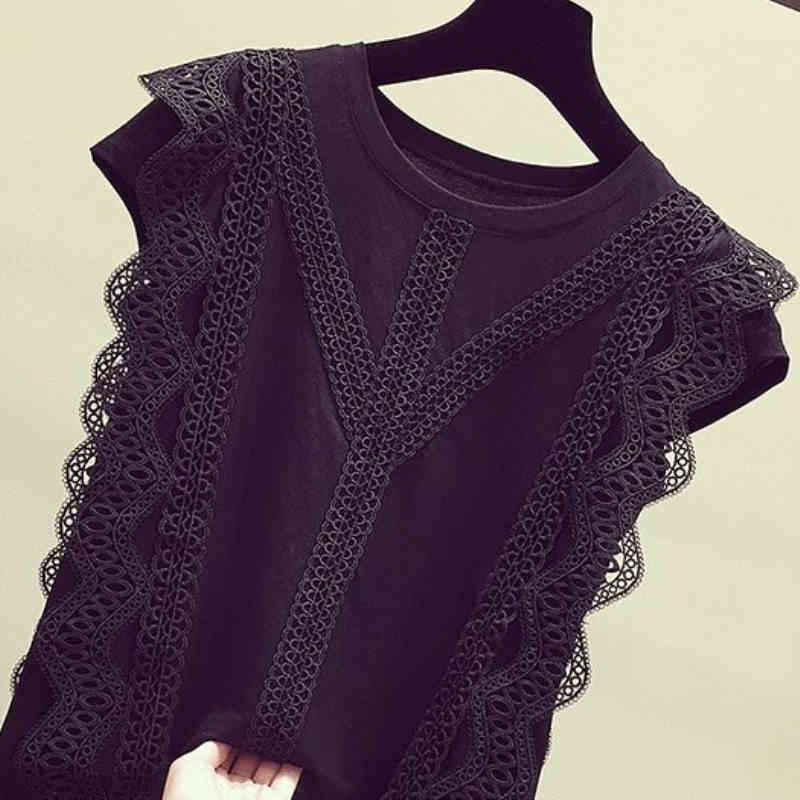 Summer Korean Fashion Clothing Plus Size Solid Sleeveless Women Tops and Blouses Lace Patchwork Spliced Shirt Blusas 4835 210518