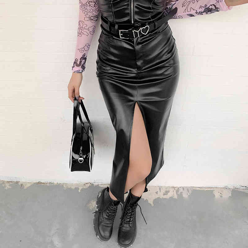 Nomikuma High Waist Sexy Slim Split PU Leather Skirt New Women Elegant Skirts Causal Fashion Bottoms Mujer Faldas 6D597 210427