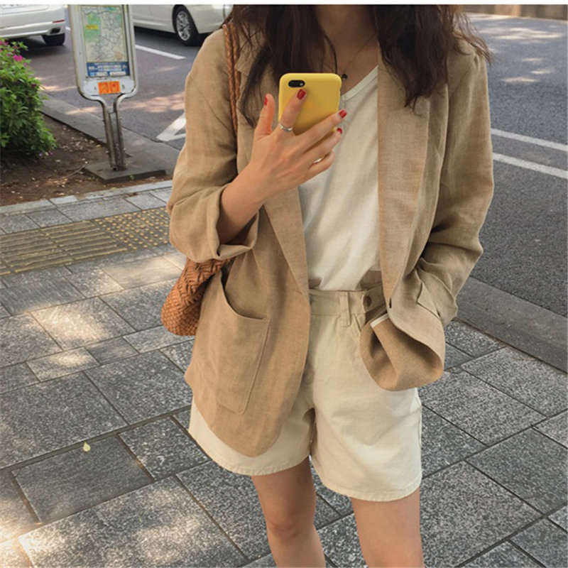 Chic Light-Brown Thin High Quality Office Lady Women Linen Fashion All-Match Retro Loose Streetwear Vintage Blazers 210421