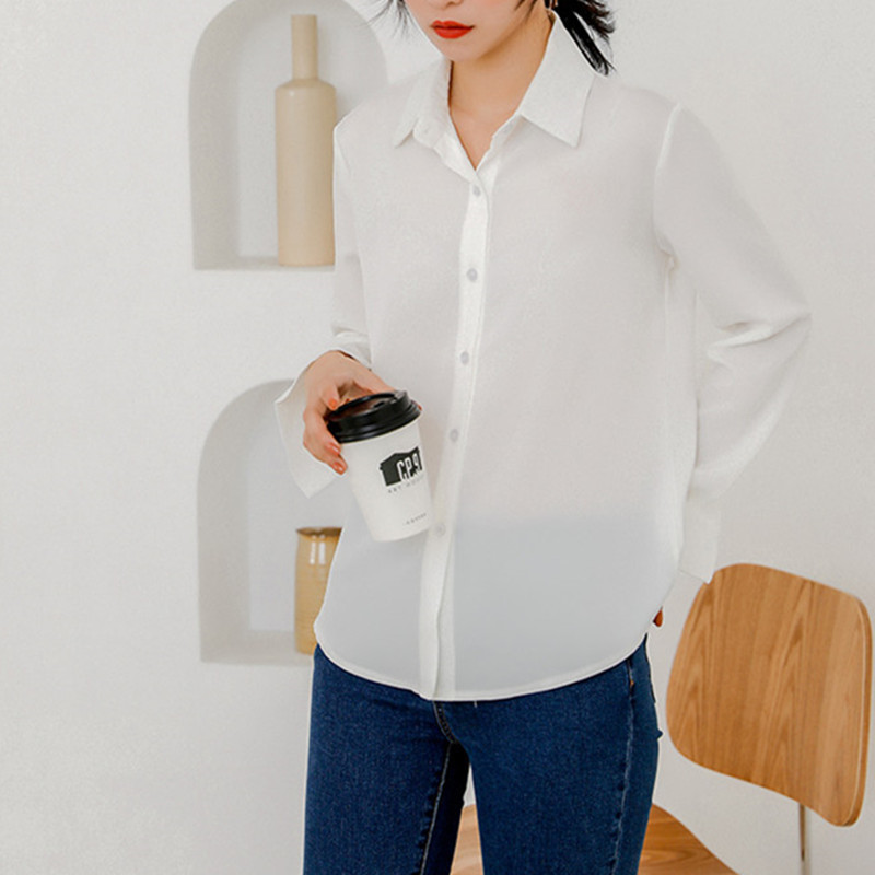 OL Elegant Career Slim Fit Basic Shirt Autumn Tops Lapel Solid Long-sleeved Formal Chiffon Blouses Woman Clothes 210421