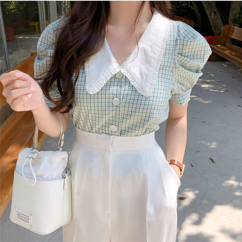 Brief Plaid Vintage Stylish Geometric Summer Short Sleeves Casual Lady Loose OL All Match Women Blouses Shirts 210421