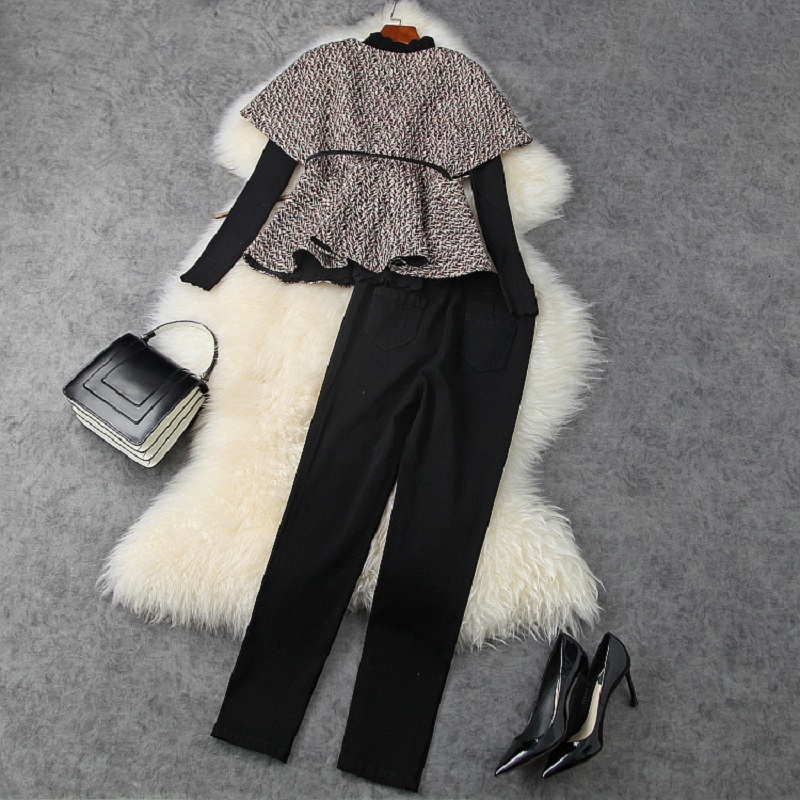 Shorts Top Quality Designer Clothing Sets Autumn Winter Suit Women Black Pullover Tops+Cape Caot Jacket+ny Leggings Pants Set