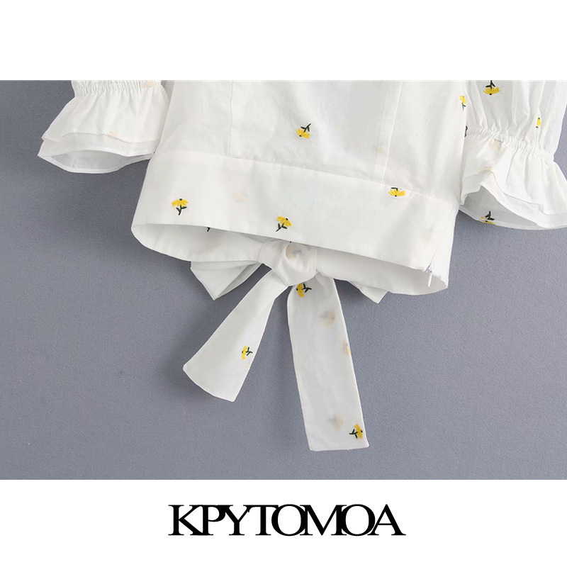 Women Sweet Fashion Floral Embroidery Cropped Blouses Pull Sleeves Back Bow Tie Female Shirts Chic Tops 210420
