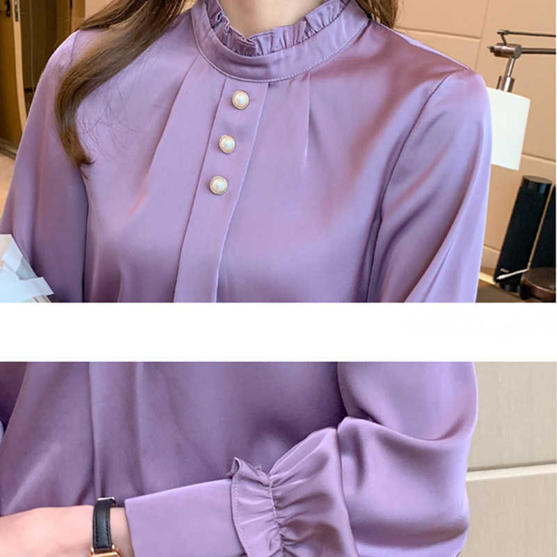 Korean Women Silk Blouses Shirts Woman Satin Tops Long Sleeve Beading Blouse Shirt Ladies 210604